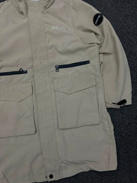 Vintage Digital Utility Parka Jacket – Beige Multi Pocket Zip-Up Windbreaker Coat
