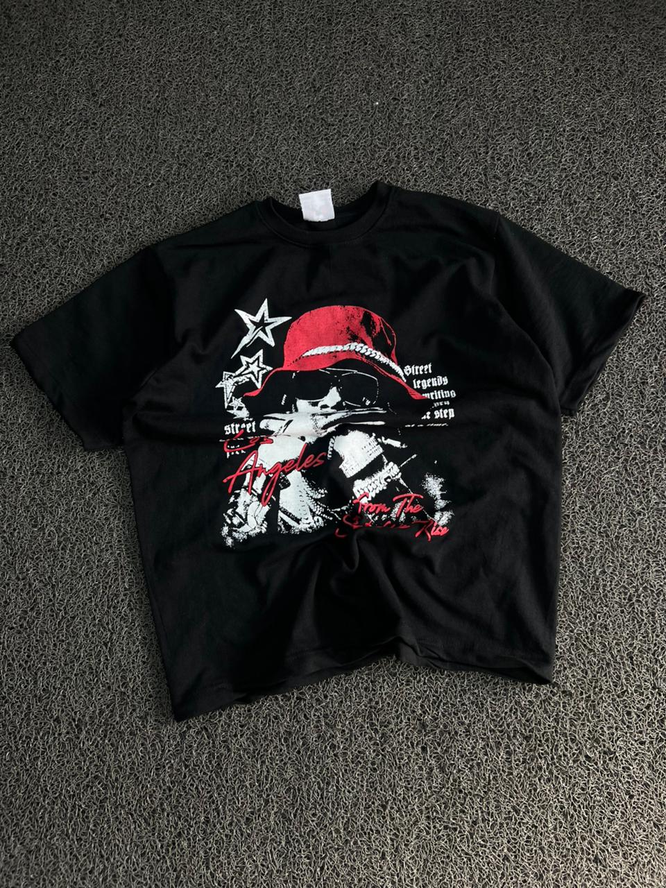 Men's Black Oversized Los Angeles Street Graphic Printed Cotton T-Shirt