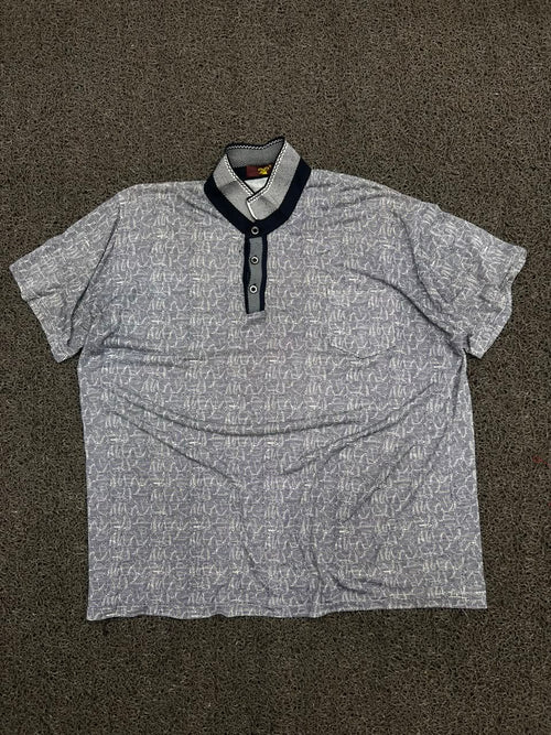 Vintage Grey Patterned Polo Shirt with Contrast Collar