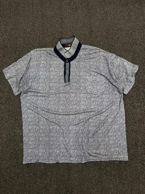 Vintage Grey Patterned Polo Shirt with Contrast Collar