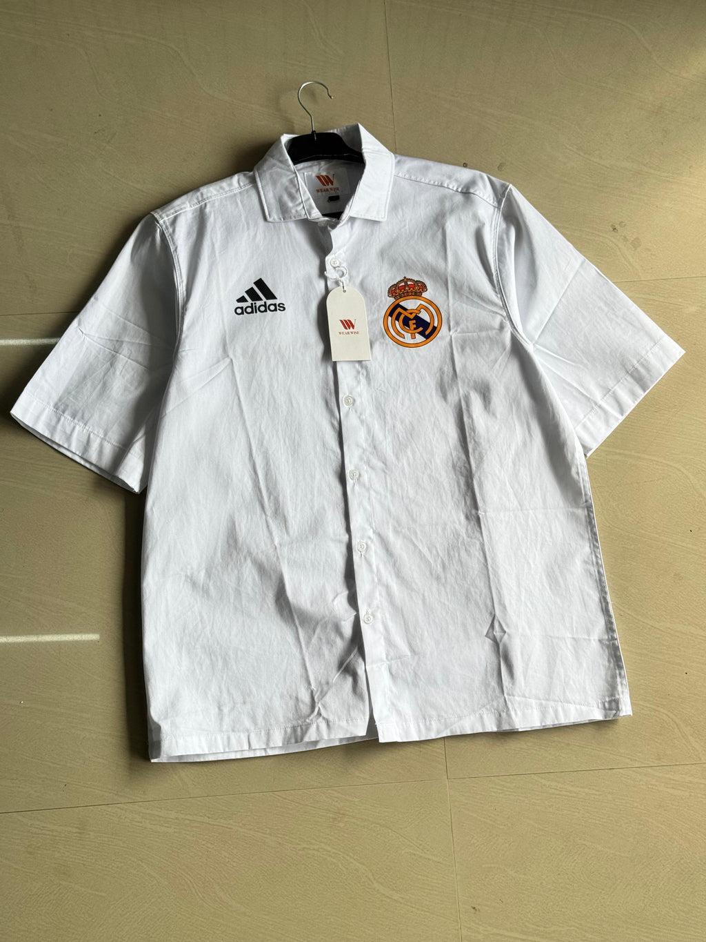 Real Madrid White Short Sleeve Button-Up Shirt with Adidas Logo