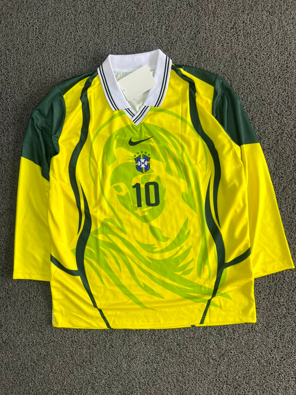 Brazil Neymar #10 Long Sleeve Collar Retro Football Jersey – Yellow & Green Nike Style