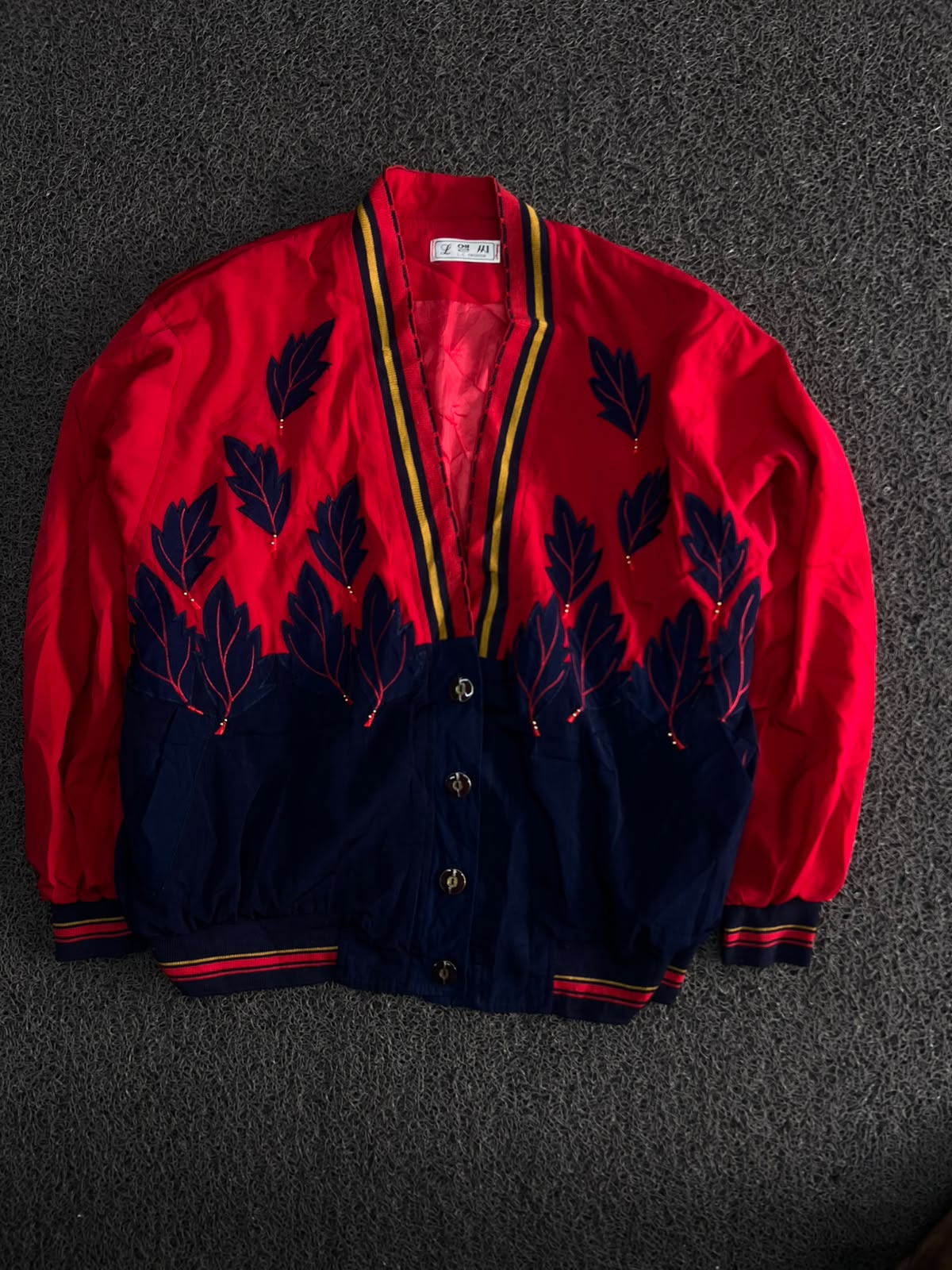 Red & Navy Leaf Pattern Varsity Jacket