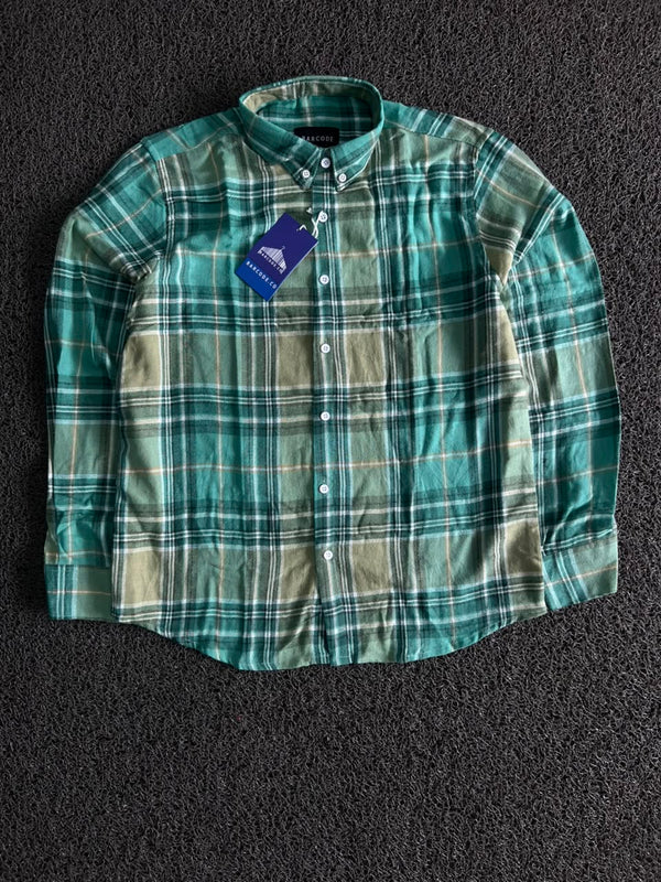 Barcode Green Plaid Button-Down Flannel Shirt