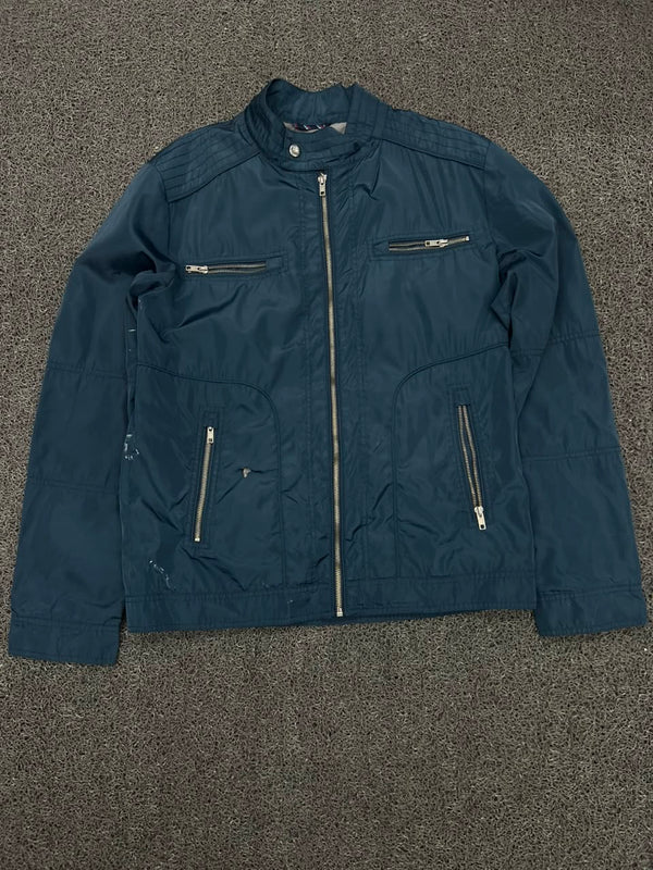 Men’s Navy Blue Zip-Up Utility Jacket with Multiple Pockets ⚠️ Small Stains and Small Scratch