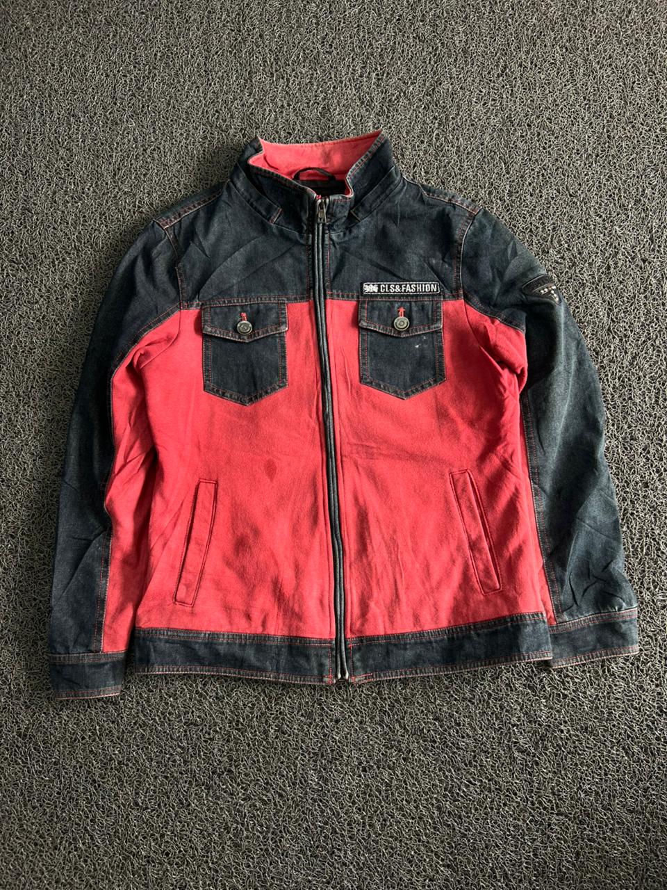 CLS & Fashion Men's Red & Black Denim Style Zip-Up Jacket with Stand Collar