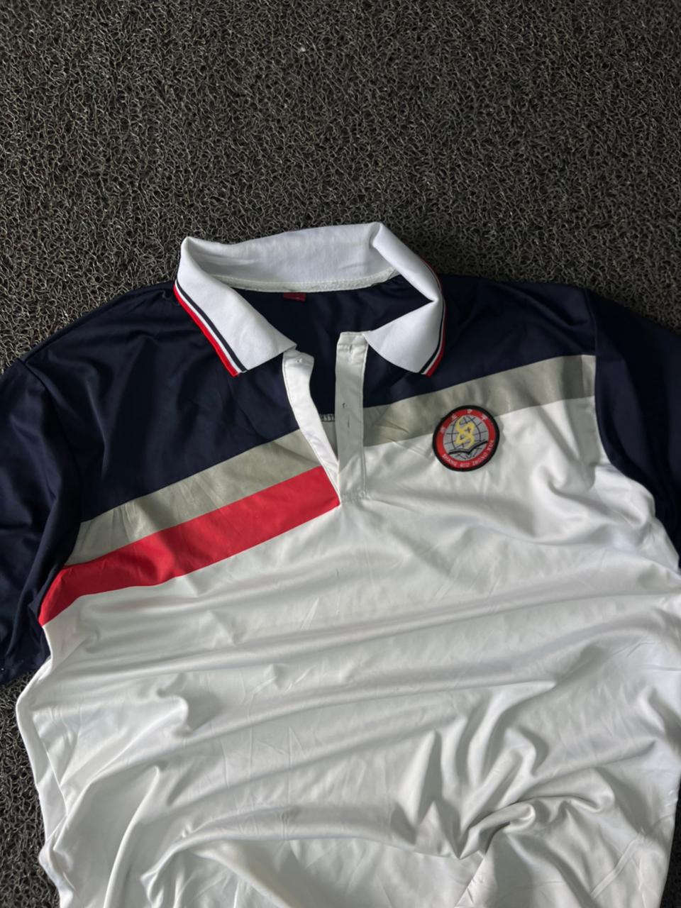 Men's White & Navy Colorblock Polo T-Shirt with Red Stripe & Chest Badge