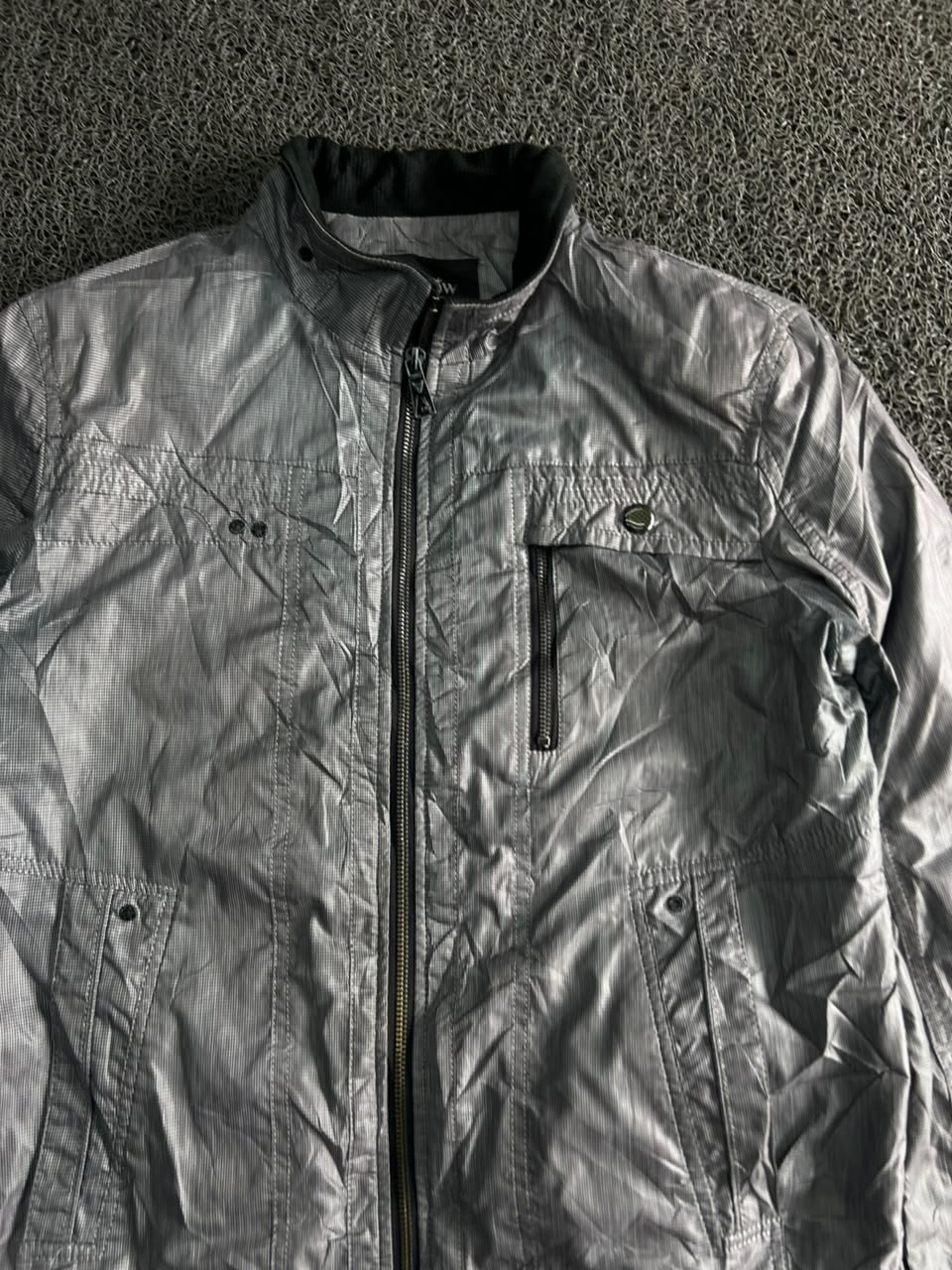 Vintage Silver Utility Zip-Up Jacket – Lightweight Stand Collar Windbreaker