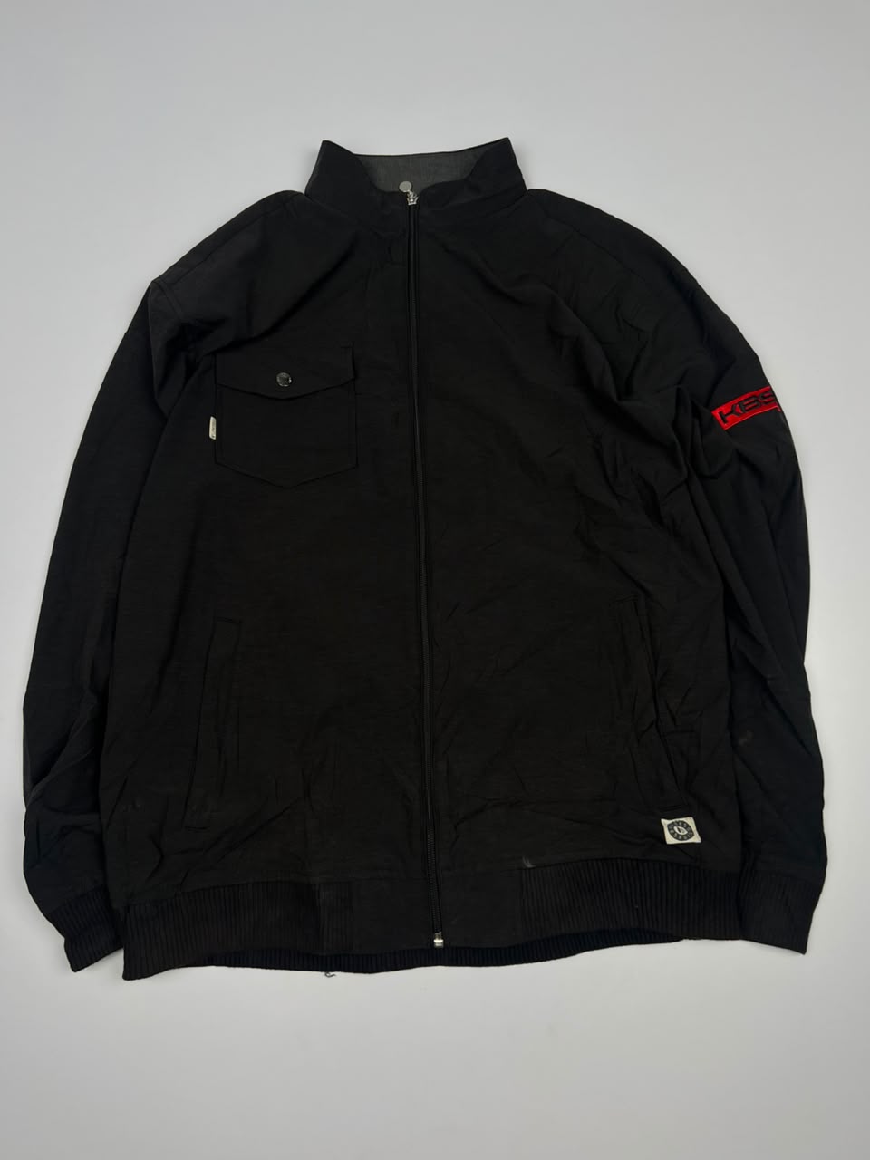 Black Full-Zip Bomber Jacket with Red Sleeve Logo and Chest Pocket