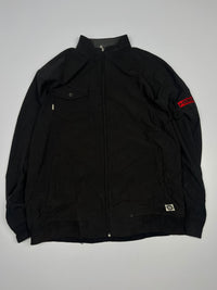 Black Full-Zip Bomber Jacket with Red Sleeve Logo and Chest Pocket