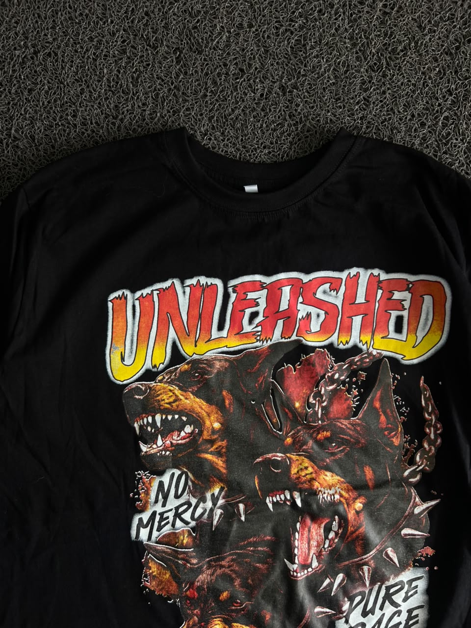 Unleashed No Mercy Graphic Print Black T-Shirt | Vintage-Inspired Dog Rage Design