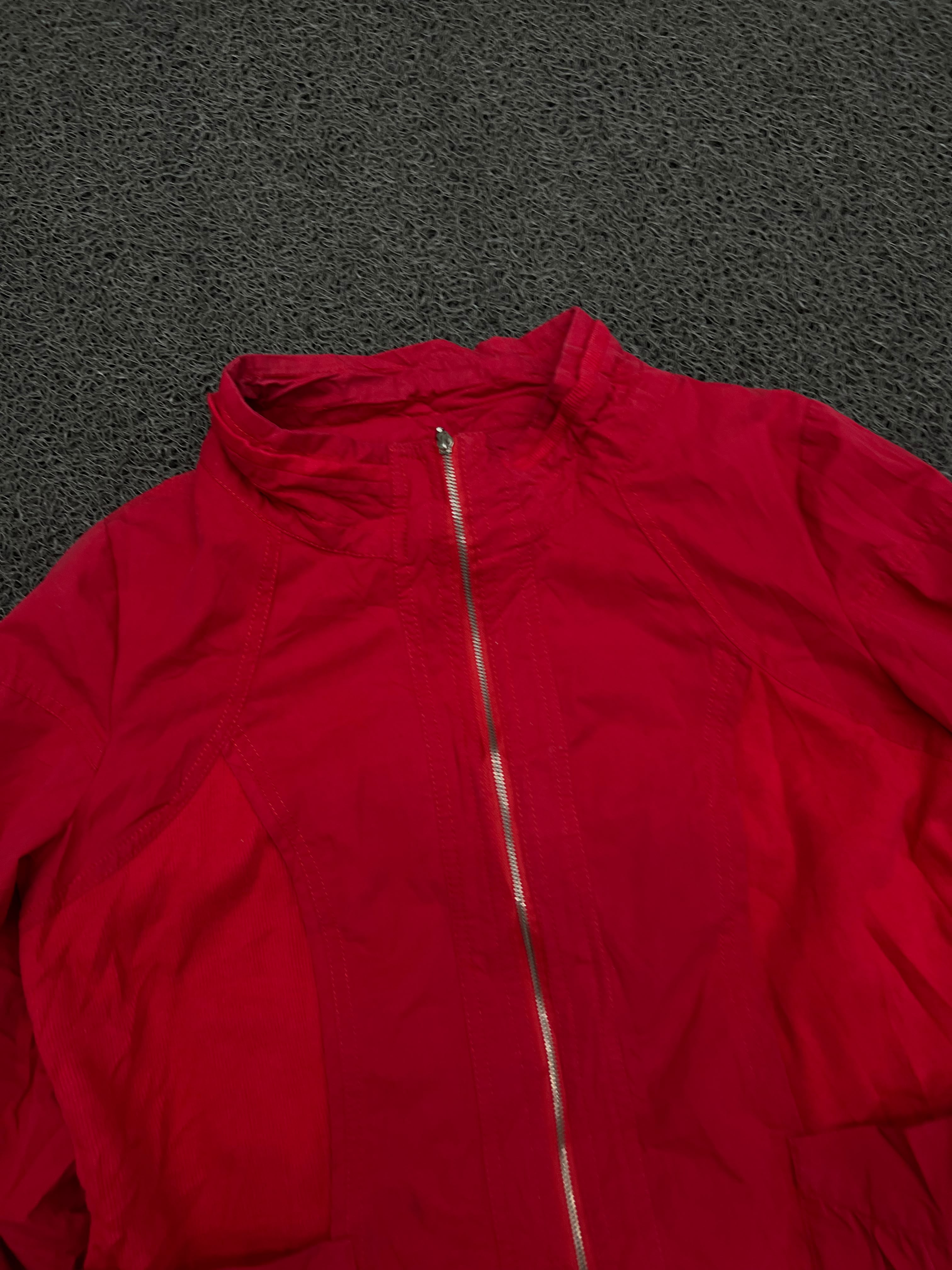 Red Lightweight Zip-Up Jacket with Ruffle Pocket Detail