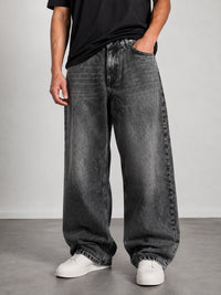 Vintage Washed Black Denim Jeans – Straight Fit Acid Wash Casual Pants
