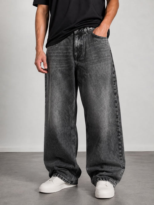 Vintage Washed Black Denim Jeans – Straight Fit Acid Wash Casual Pants