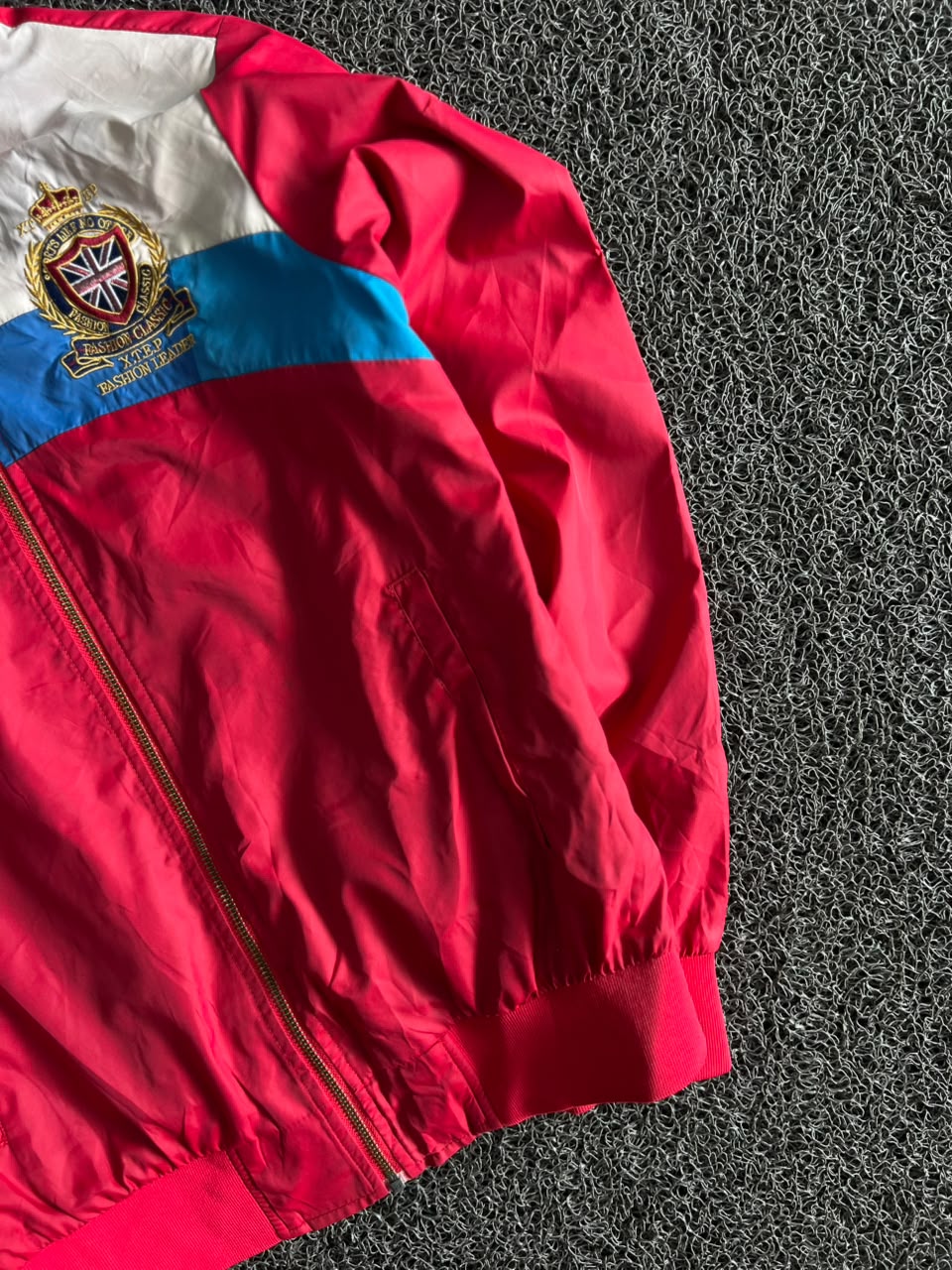 Red Colorblock Zip-Up Bomber Jacket with Embroidered Crest