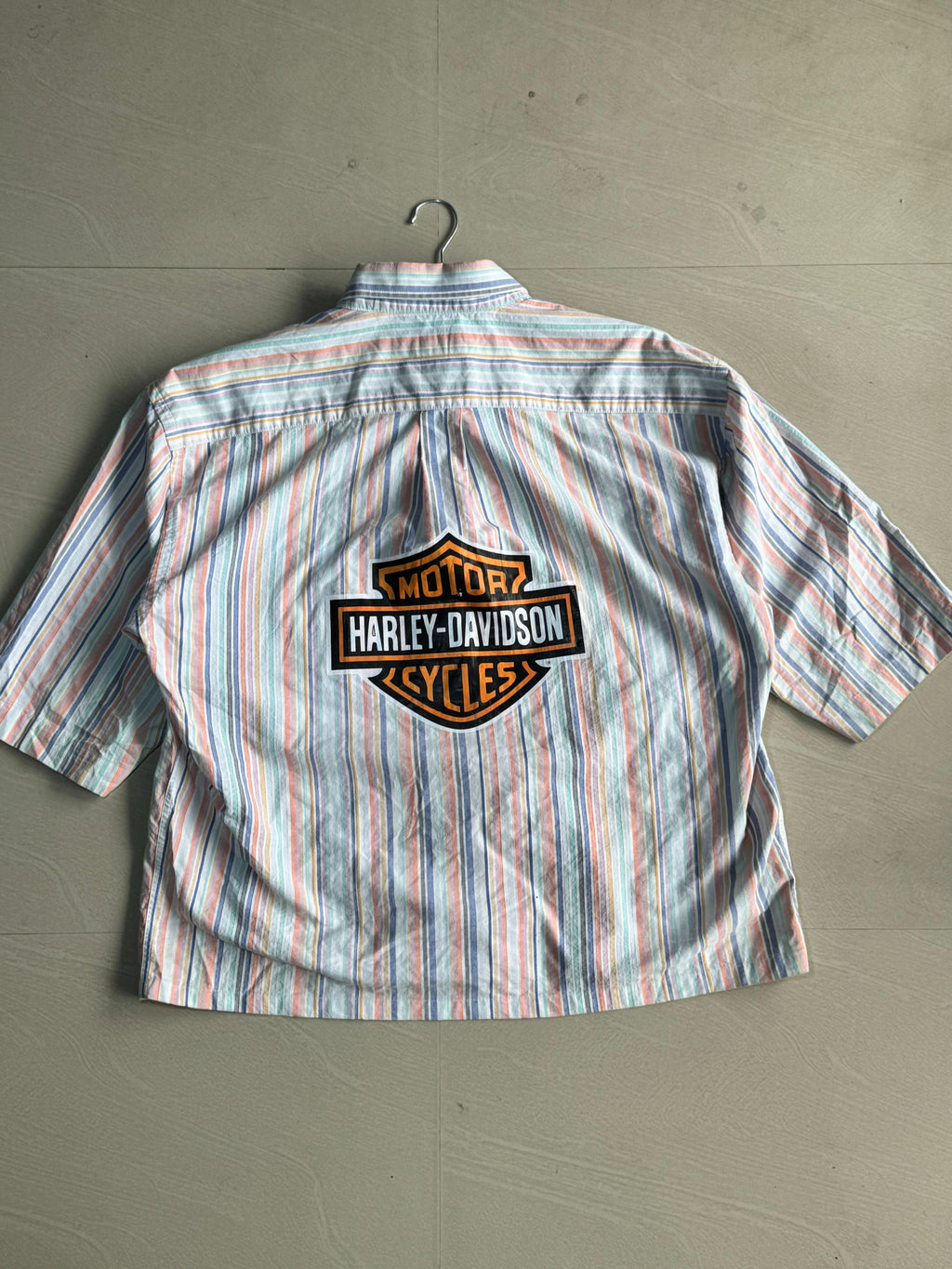 Oversized Boxy Pastel Striped Shirt – Harley Graphic Back Print( ⚠️2 Button Missing)