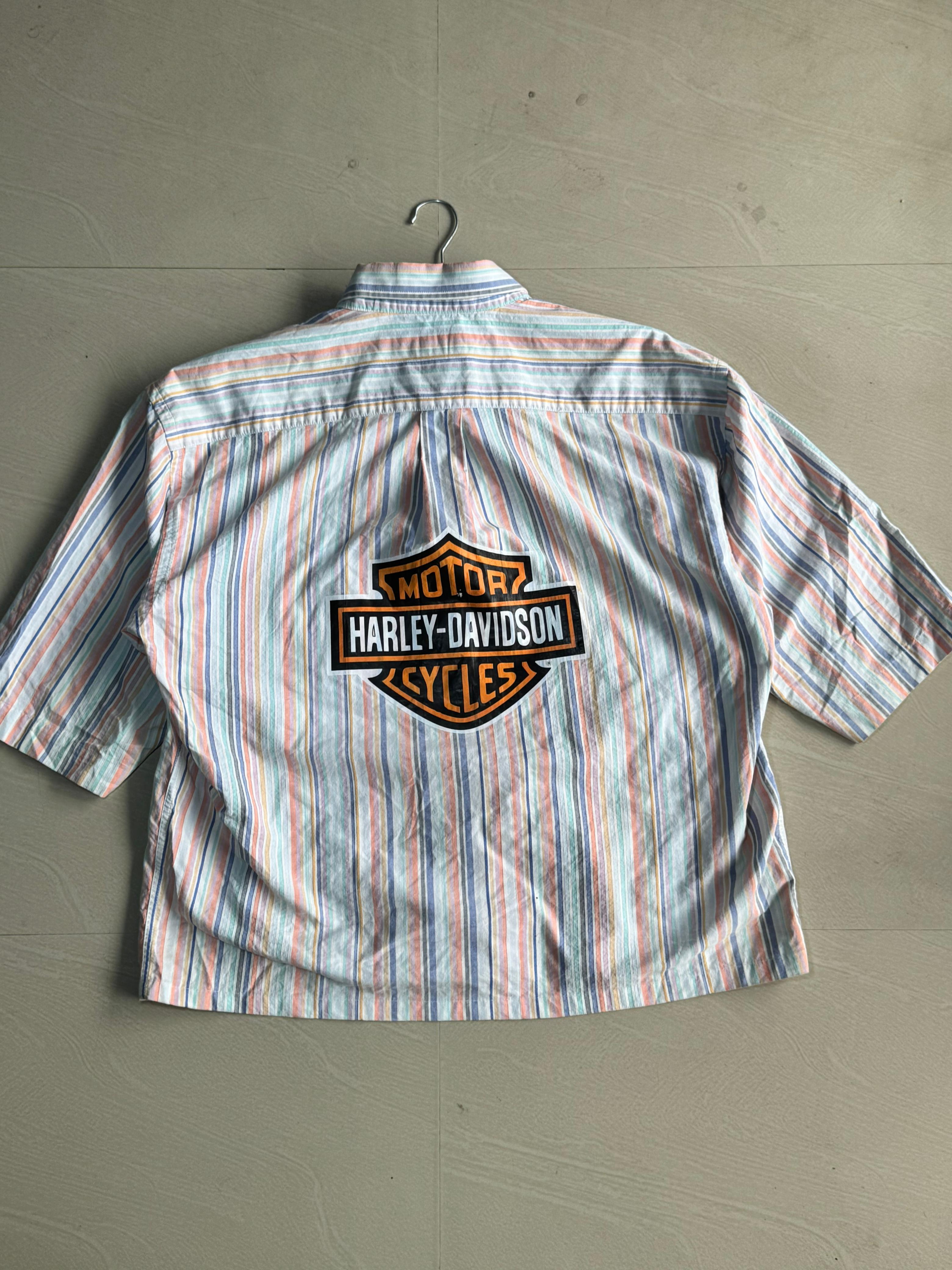 Oversized Boxy Pastel Striped Shirt – Harley Graphic Back Print( ⚠️2 Button Missing)