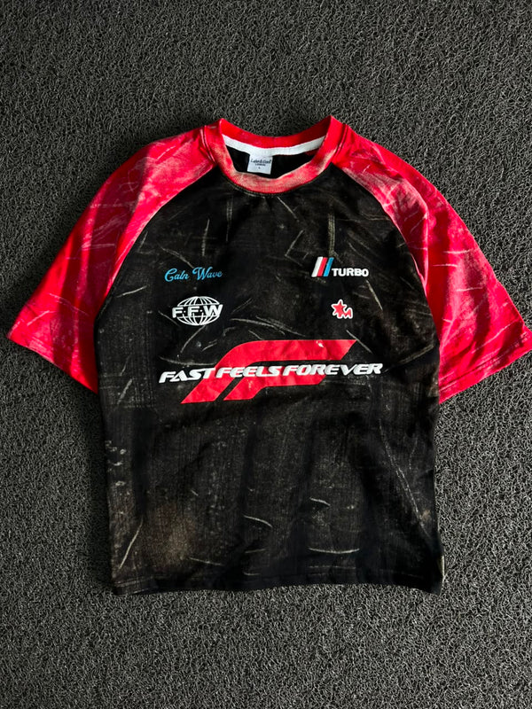 FFW Fast Feels Forever Racing Graphic T-Shirt – Black & Red Raglan Five Sleev