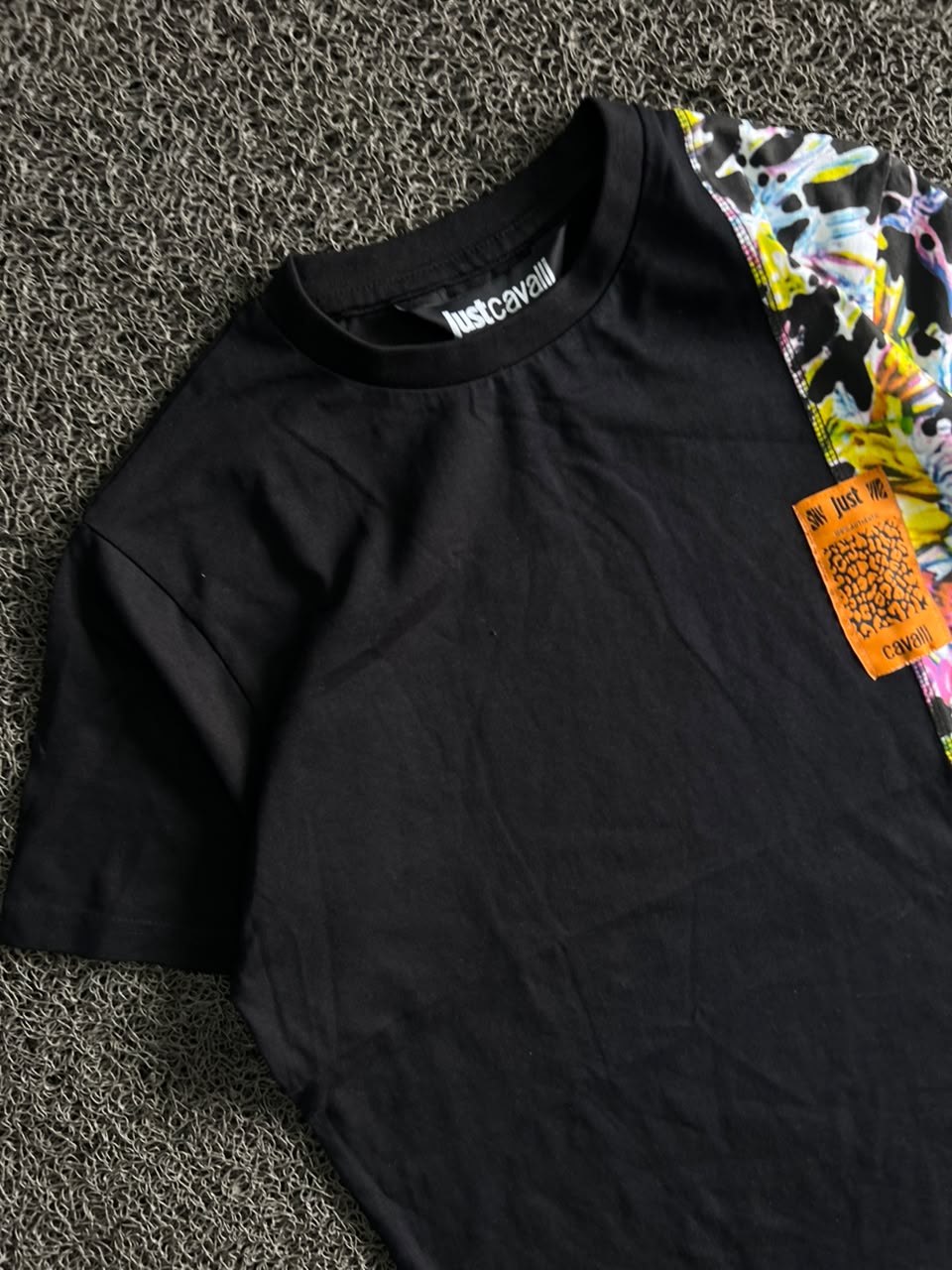 Just Cavalli T-Shirt – Multicolor Floral & Abstract Print Panel Design
