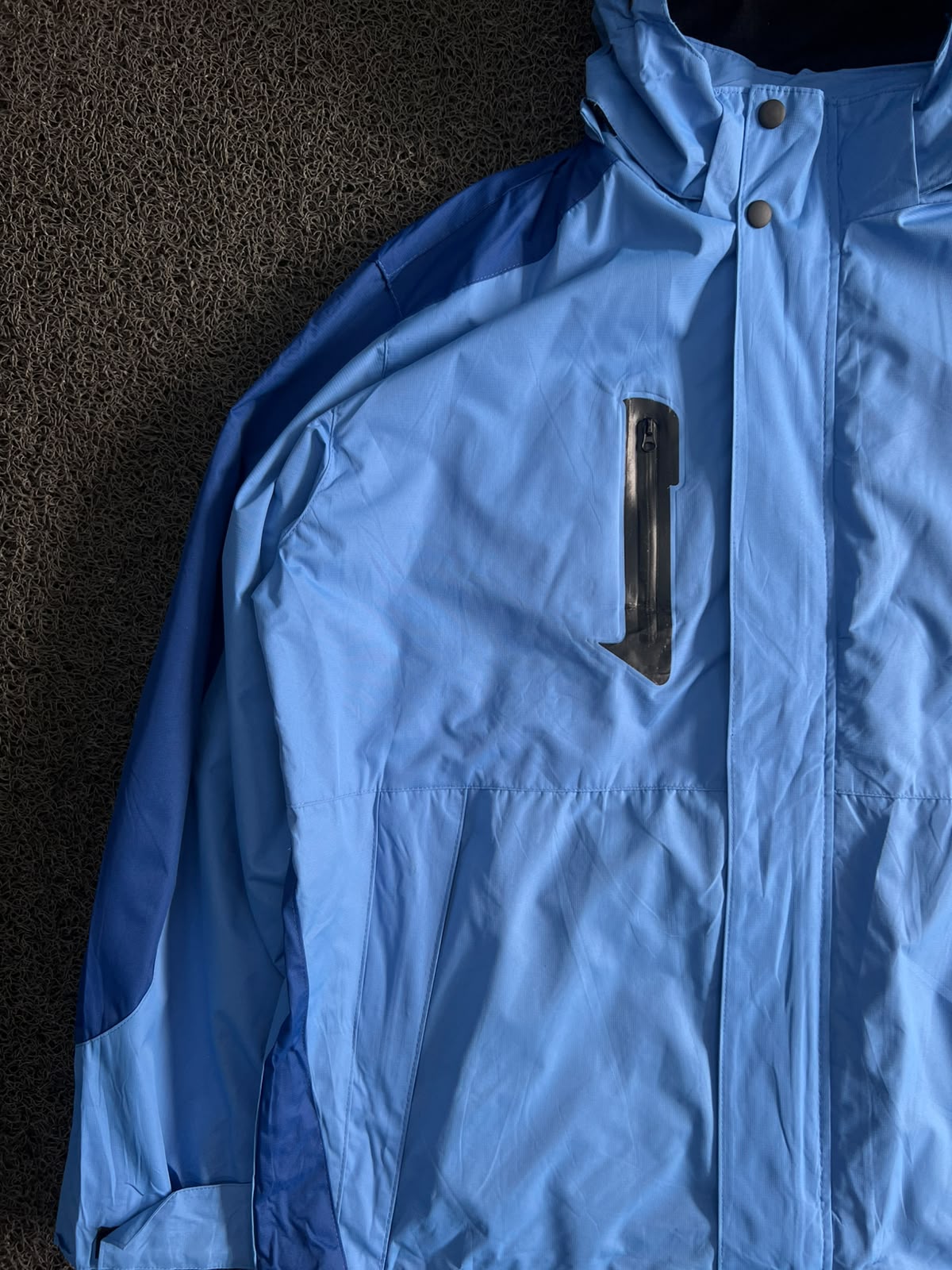 Vintage Japanese Workwear Blue Hooded Waterproof Rain Jacket Windbreaker Full Zip Utility Coat