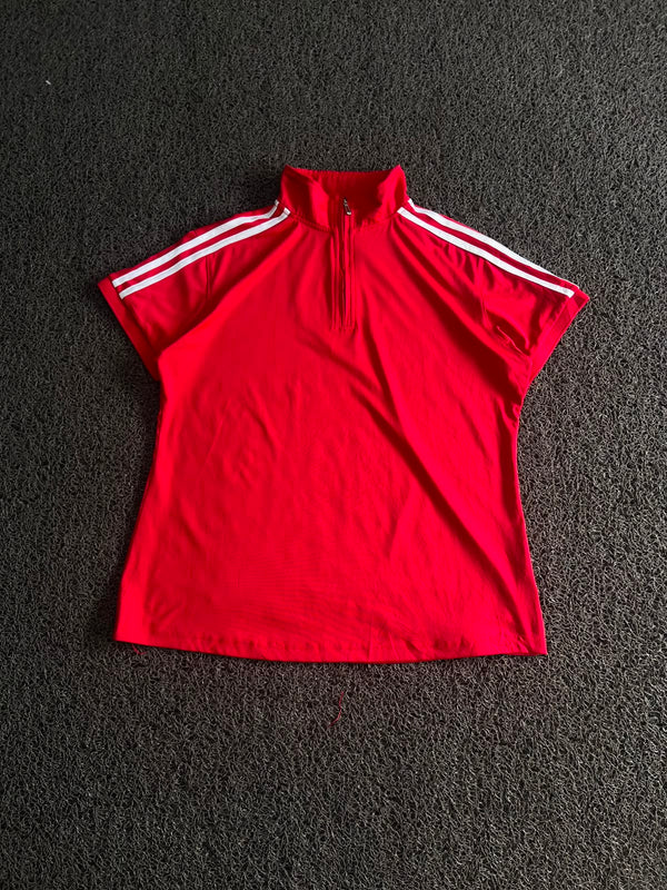 Vintage Red Half-Zip Track T-Shirt with White Stripe Detail