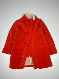 Red Long Hooded Winter Jacket with Front Zip and Button Closure