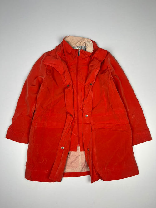 Red Long Hooded Winter Jacket with Front Zip and Button Closure