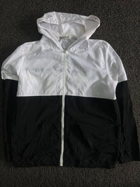 White & Black Colorblock Hooded Windbreaker Jacket with Full-Zip Front ⚠️ Small Stains