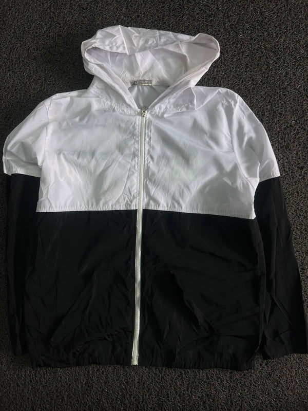 White & Black Colorblock Hooded Windbreaker Jacket with Full-Zip Front ⚠️ Small Stains