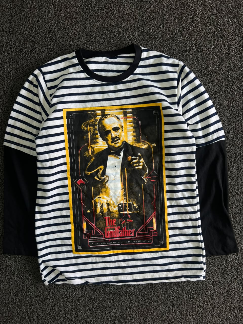 Black & White Striped Graphic T-Shirt with “The Godfather” Front Print