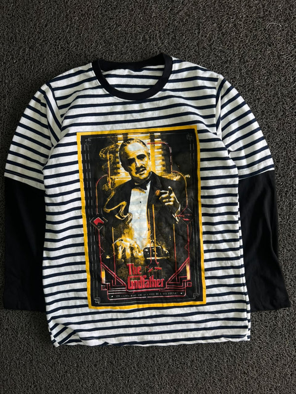 Black & White Striped Graphic T-Shirt with “The Godfather” Front Print