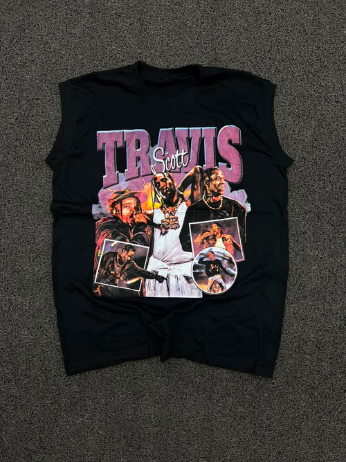 Travis Scott Graphic Sleeveless T-Shirt – Black Vintage Concert Style Tee