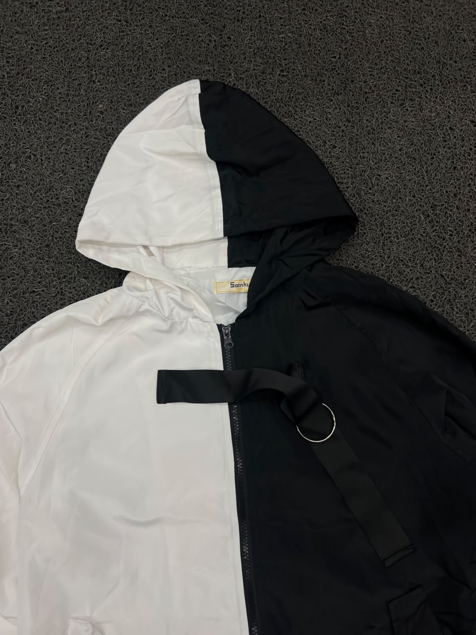 Black & White Color Block Hooded Zip-Up Jacket