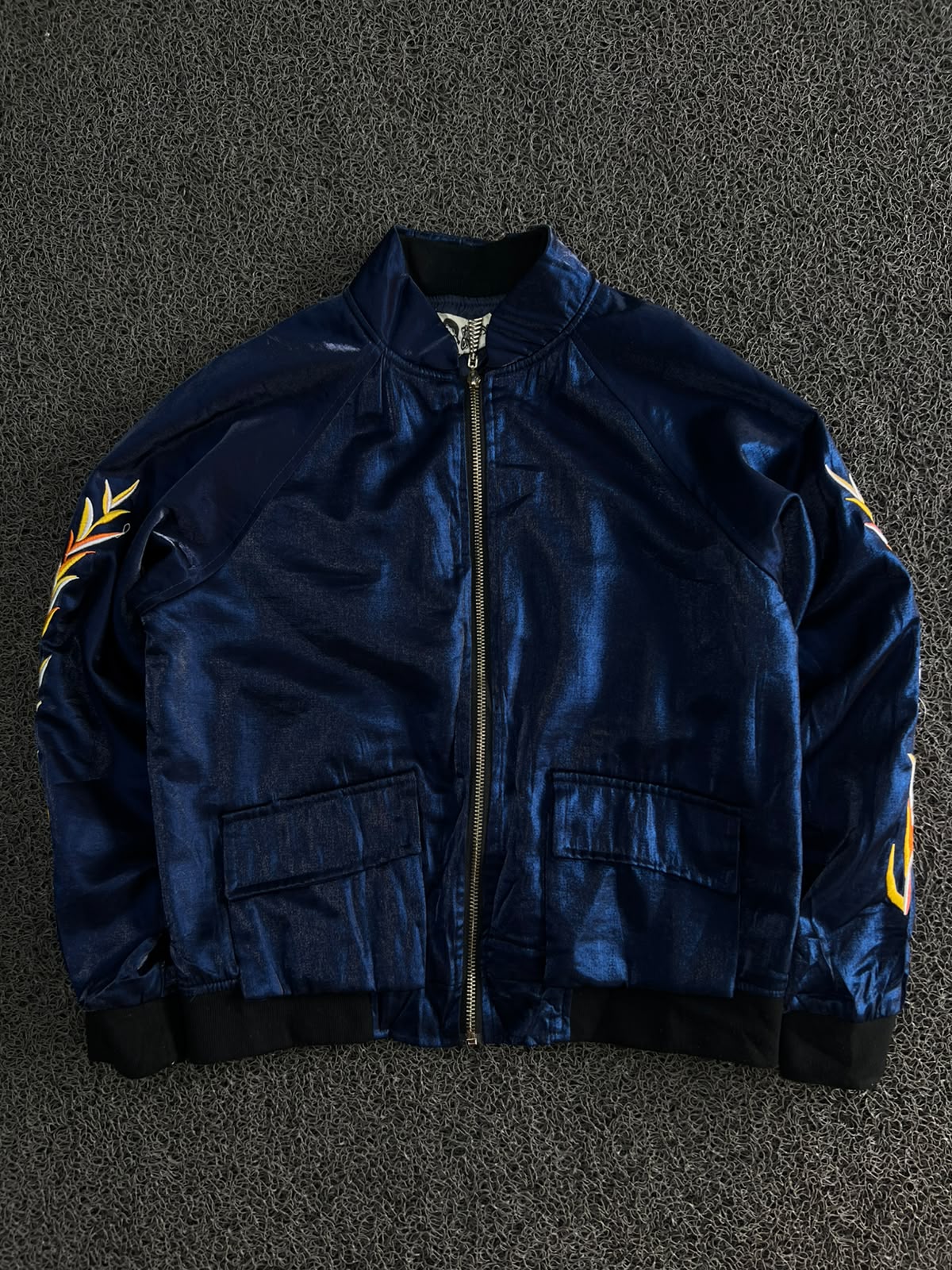 Vintage Blue Satin Embroidered Bomber Jacket – Full Zip Streetwear Jacket
