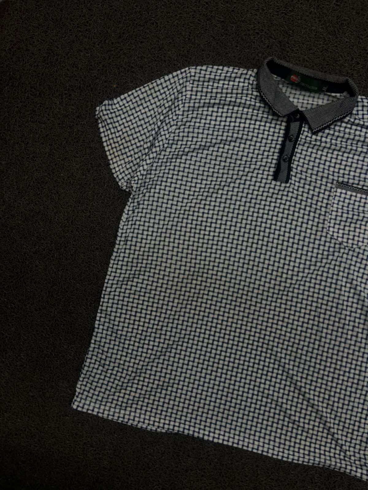 Checkered Pattern Polo T-Shirt with Contrast Collar & Chest Pocket