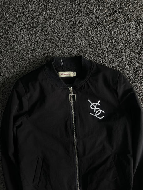 Vintage Black Minimalist Bomber Jacket – Embroidered Logo Zip-Up Casual Jacket