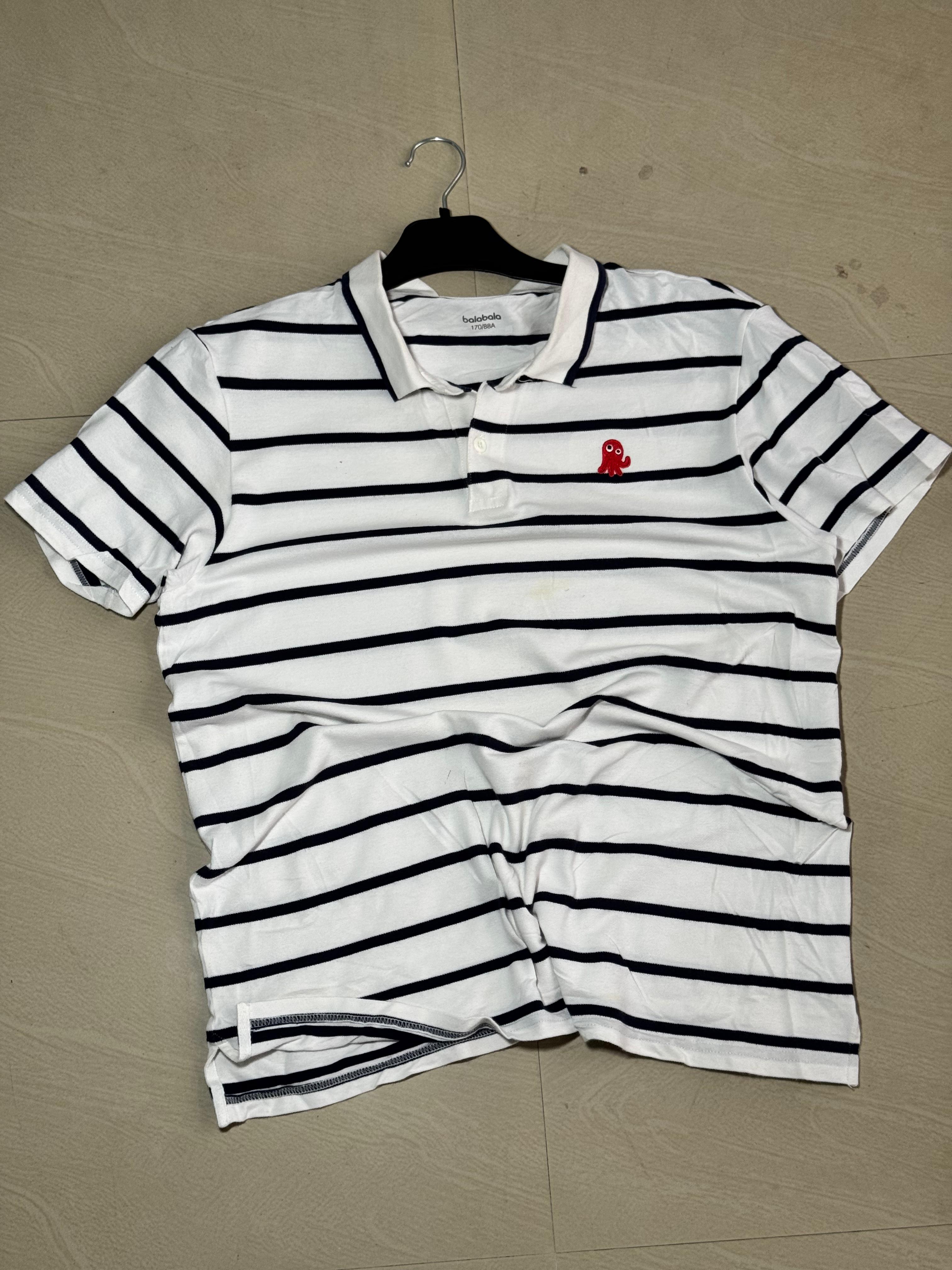 Vintage Balabala Striped Polo Shirt White Navy Red Octopus Embroidered Tee