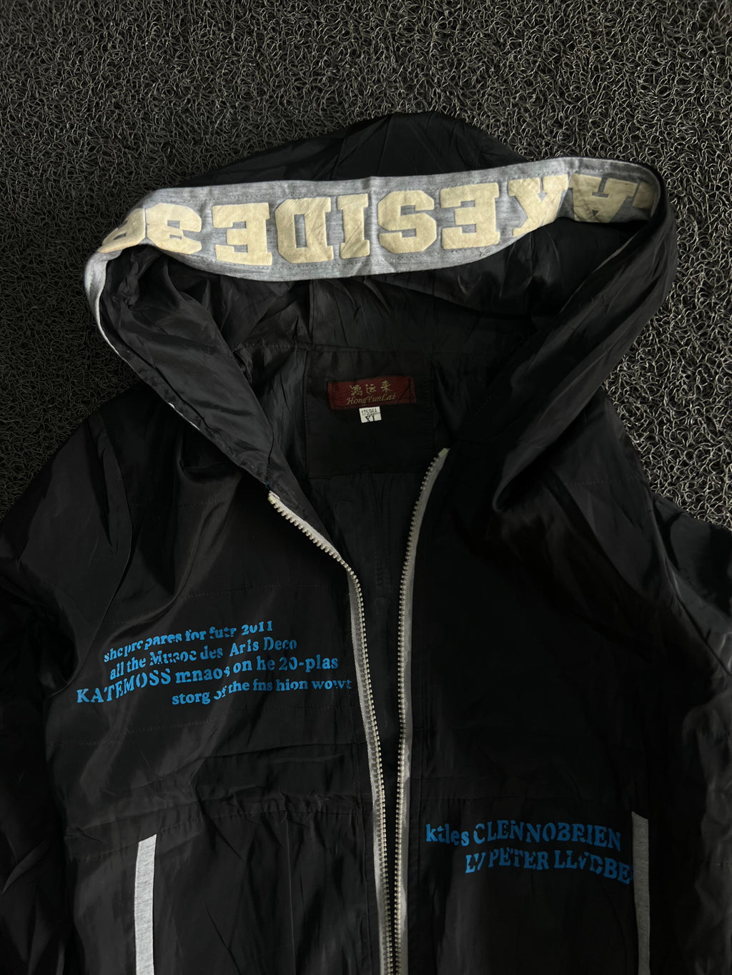 Hooded Windbreaker Jacket with White Contrast Trim & Blue Graphic Print