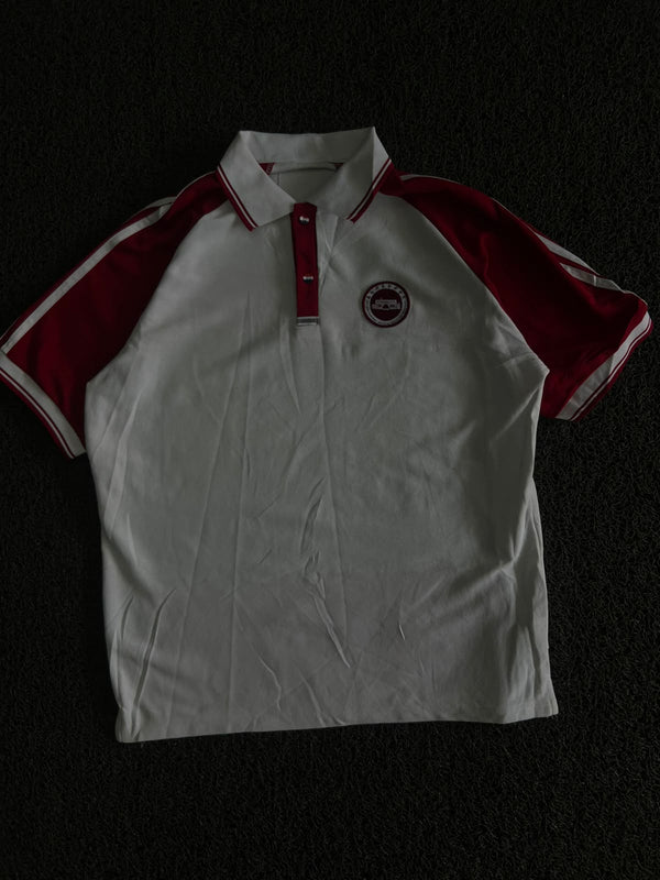Vintage White & Red Colorblock Polo T-Shirt with Striped Collar & Sleeves
