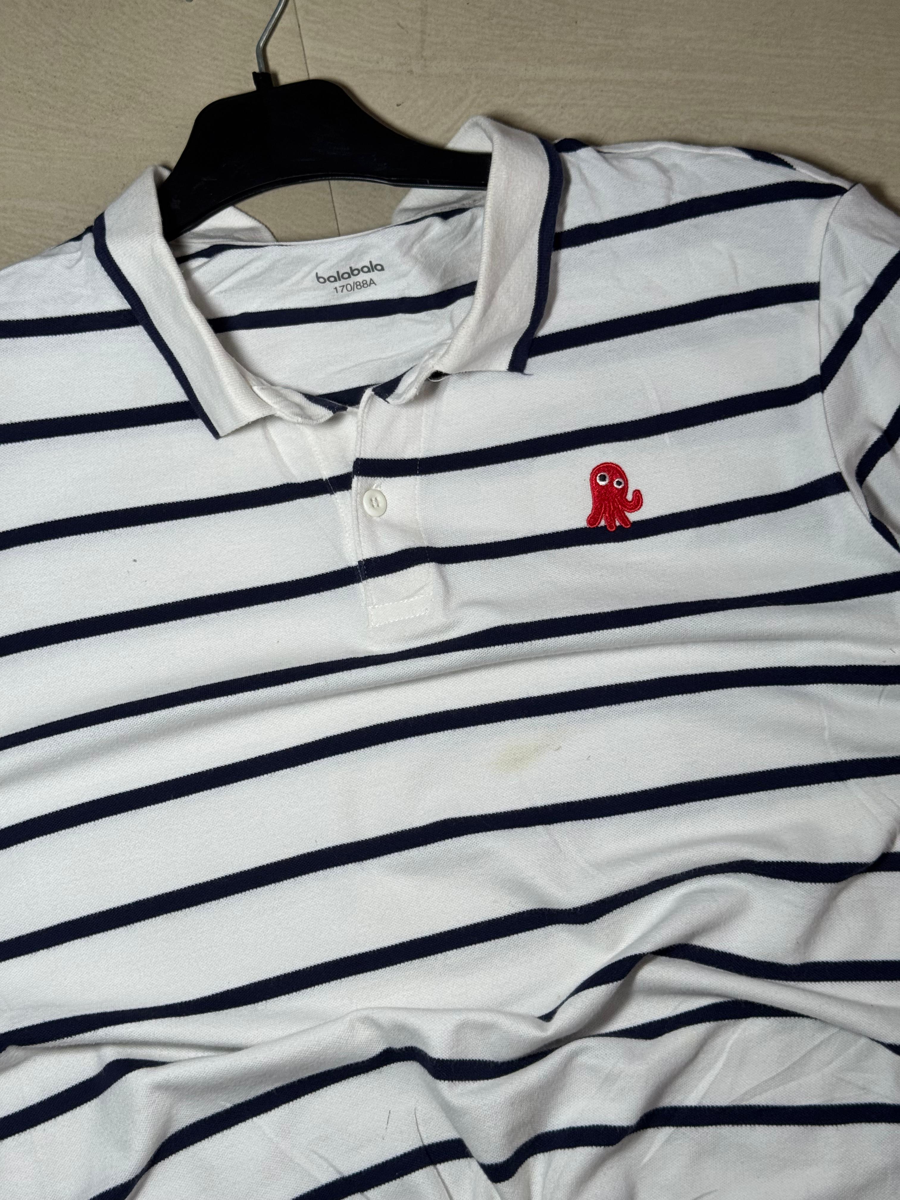 Vintage Balabala Striped Polo Shirt White Navy Red Octopus Embroidered Tee