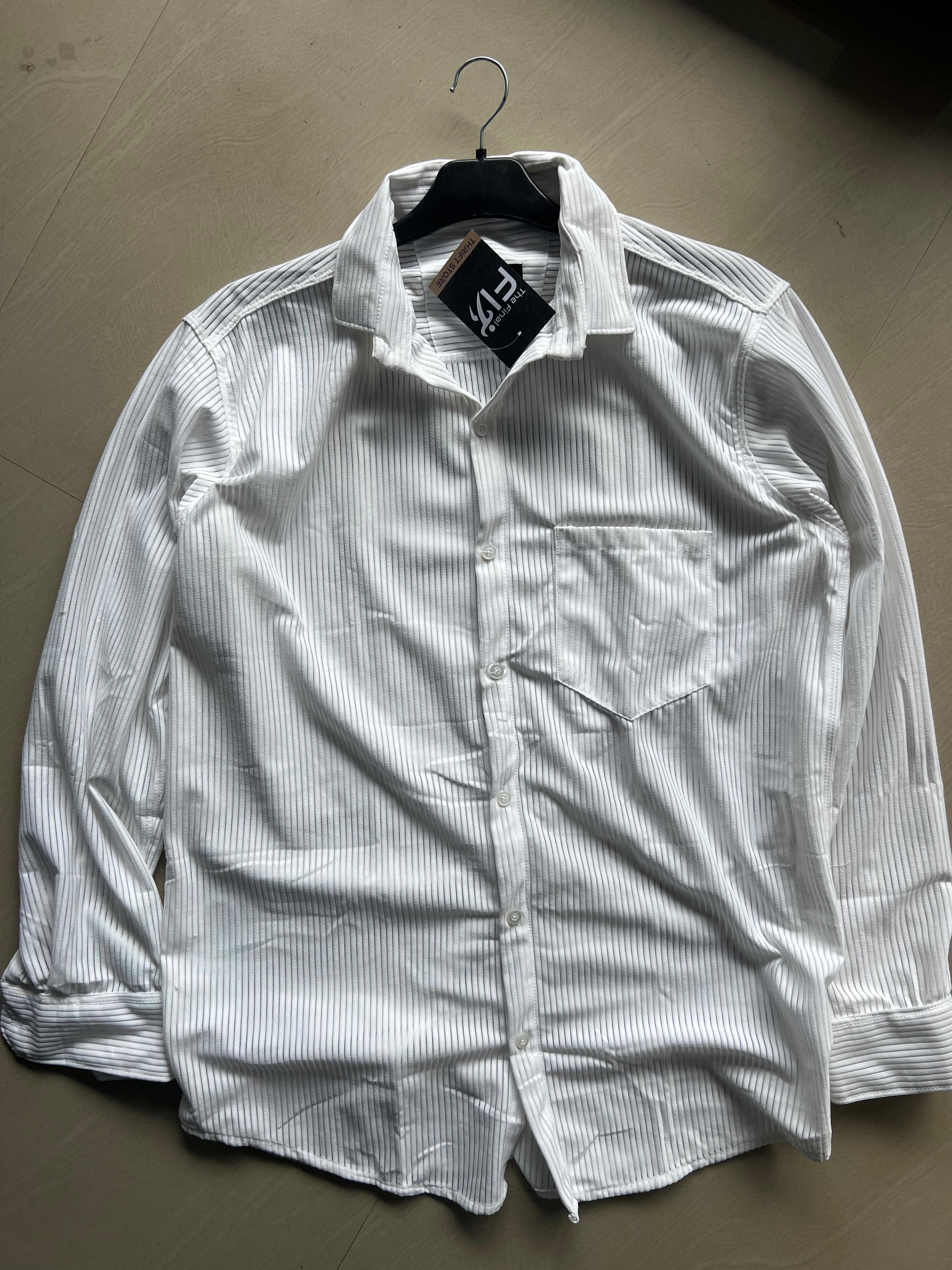 Men's White Ribbed Textured Full Sleeve Casual Shirt