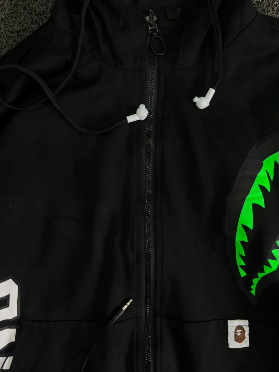 BAPE Shark Hoodie Jacket with Working Wired Headset – Black Full Zip Streetwear