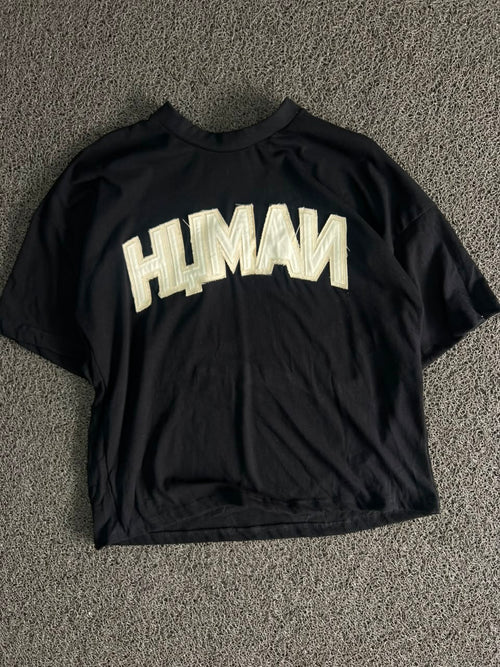 HUMAN Black Appliqué 98 Logo Oversized T-Shirt –Streetwear Graphic Tee