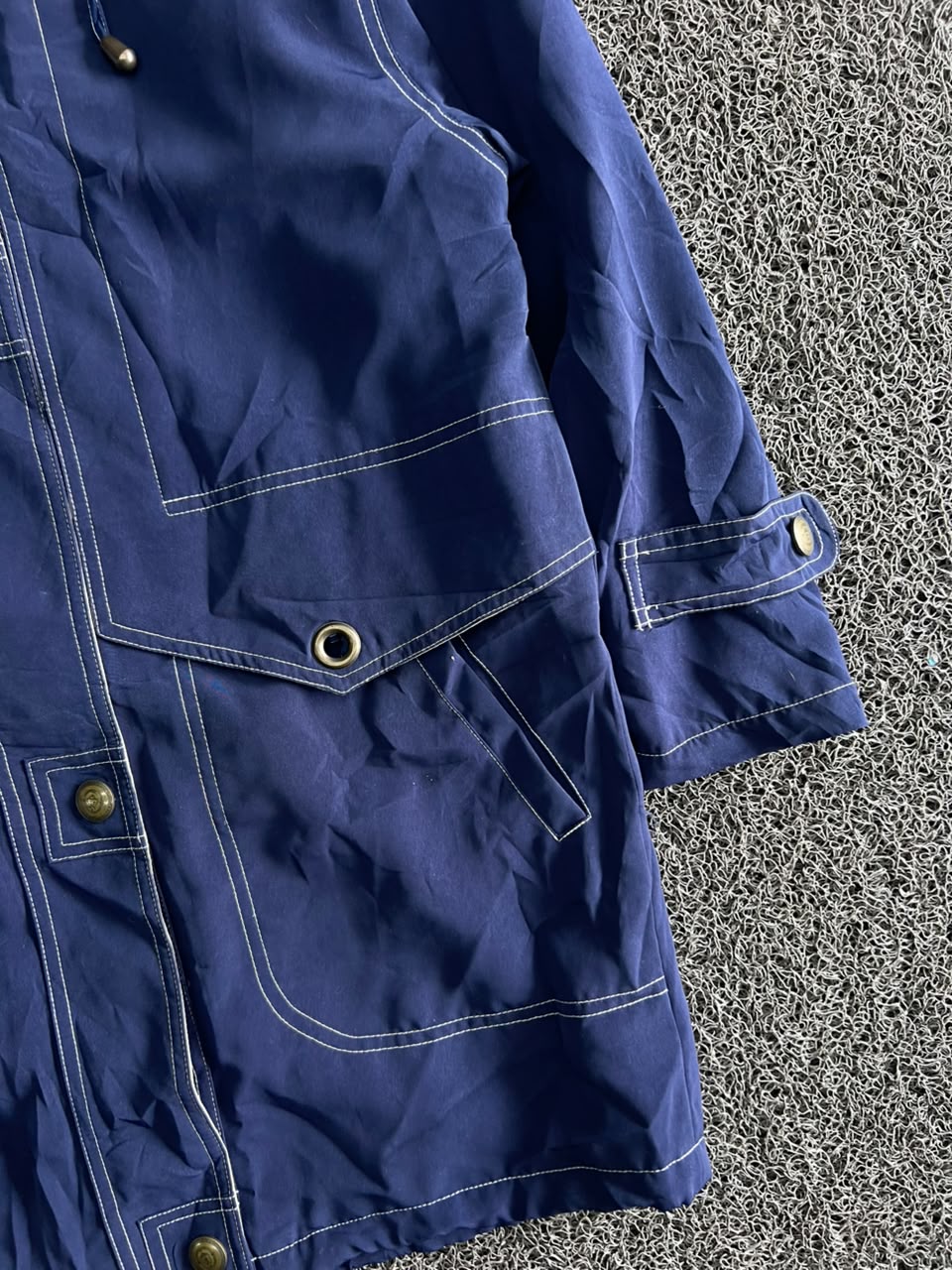 Navy Blue Hooded Utility Jacket with Contrast Stitching