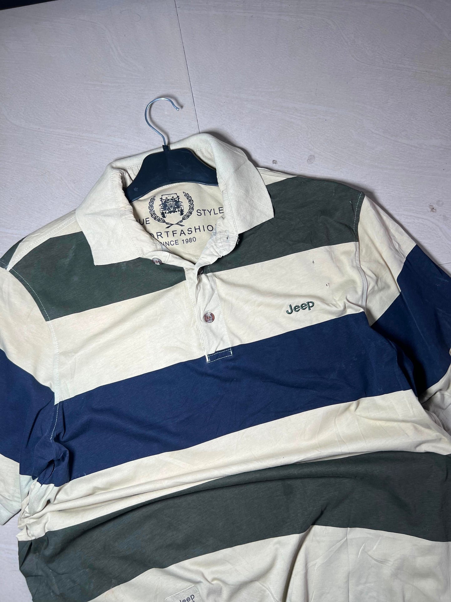 Vintage Jeep Striped Polo T-Shirt – Cream, Navy & Olive Green