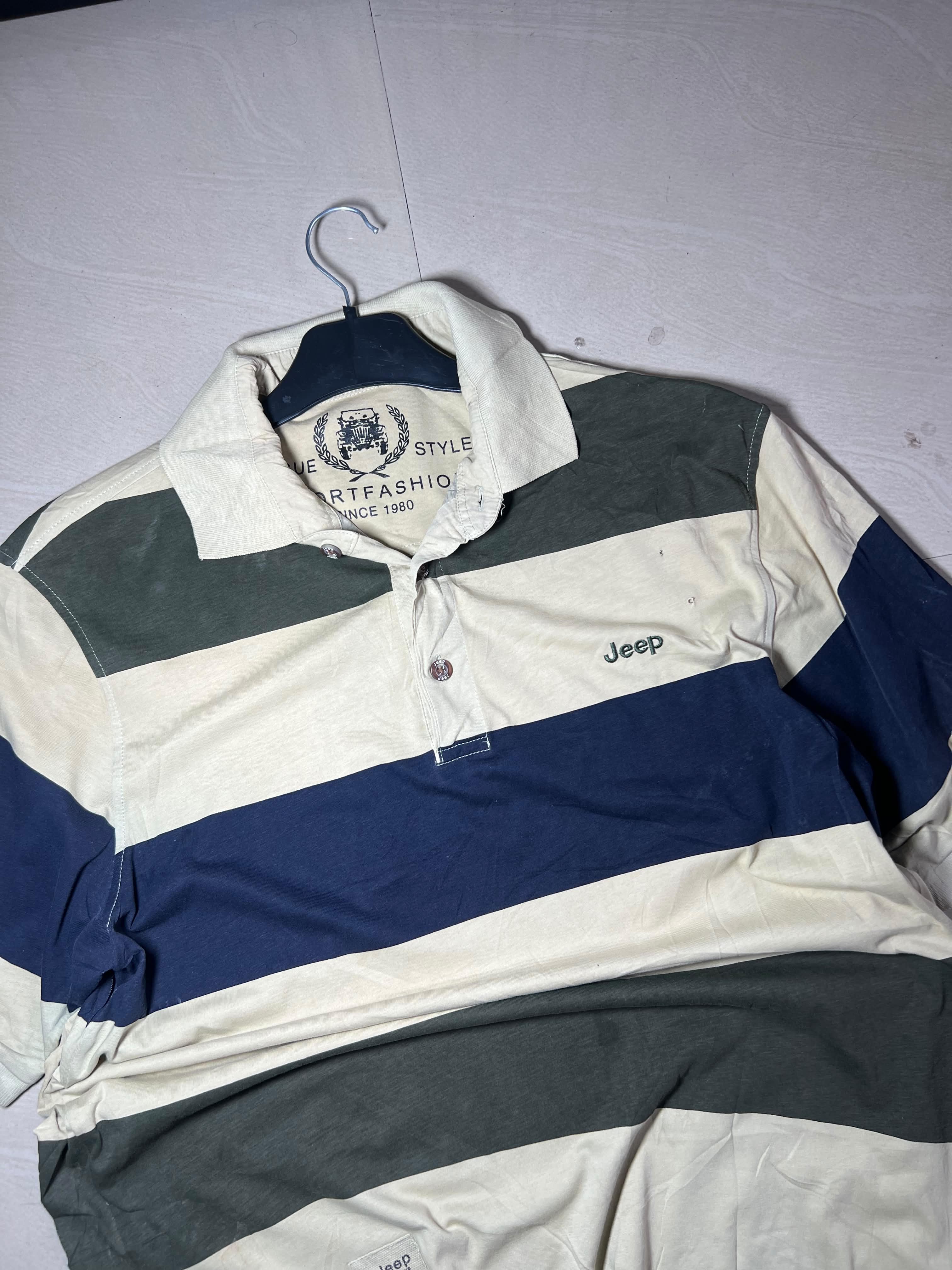 Vintage Jeep Striped Polo T-Shirt – Cream, Navy & Olive Green