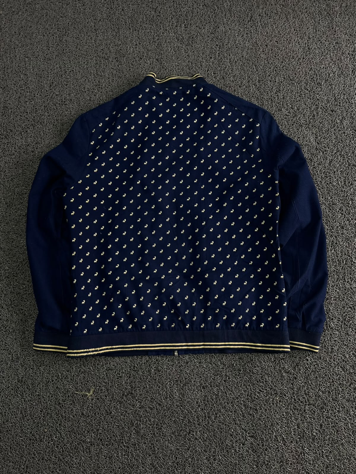 Navy Blue Patterned Bomber Jacket with Contrast Ribbed Trim