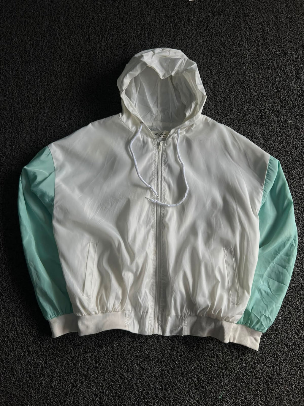 White & Mint Colorblock Hooded Windbreaker Jacket