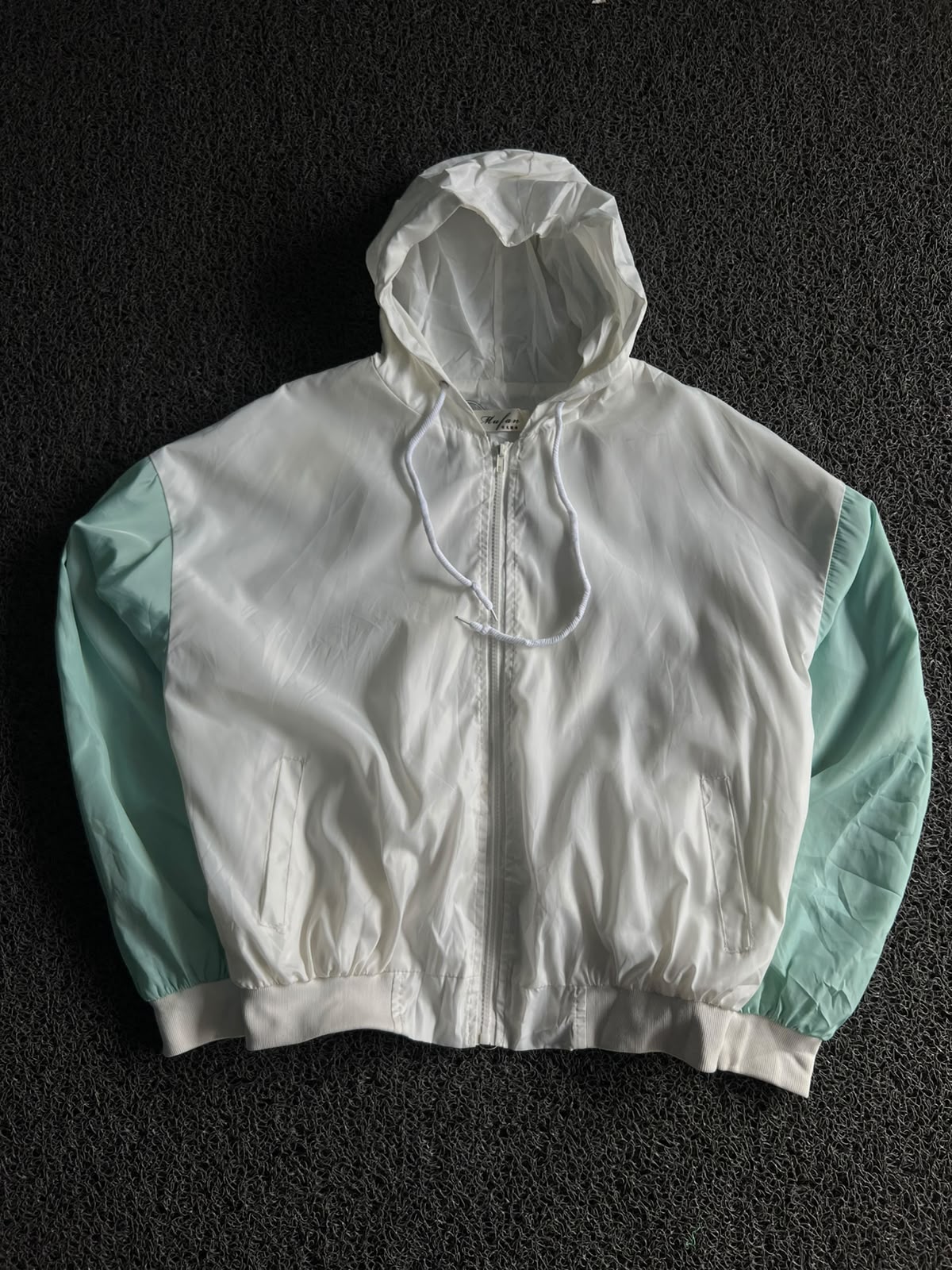 White & Mint Colorblock Hooded Windbreaker Jacket