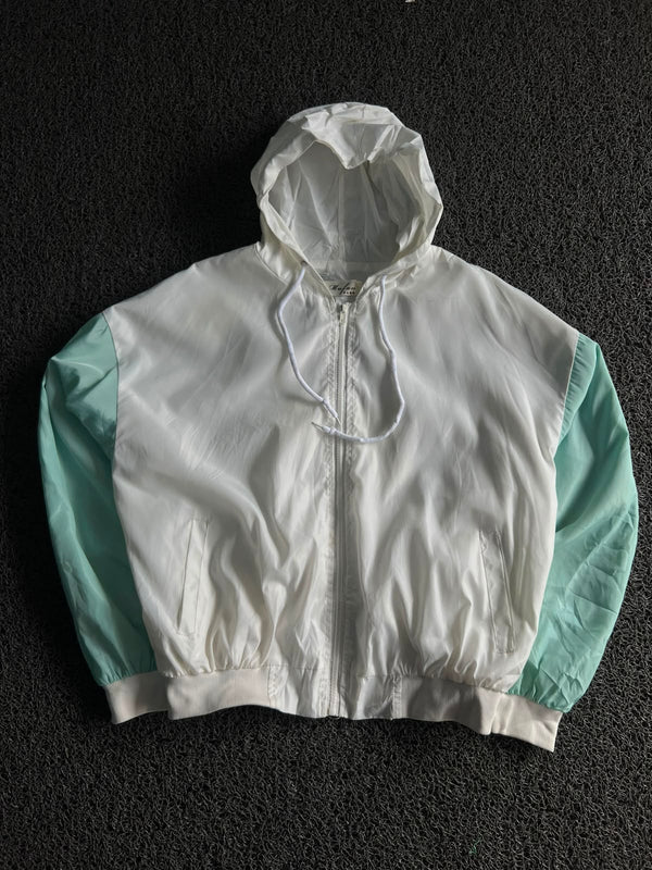 White & Mint Colorblock Hooded Windbreaker Jacket